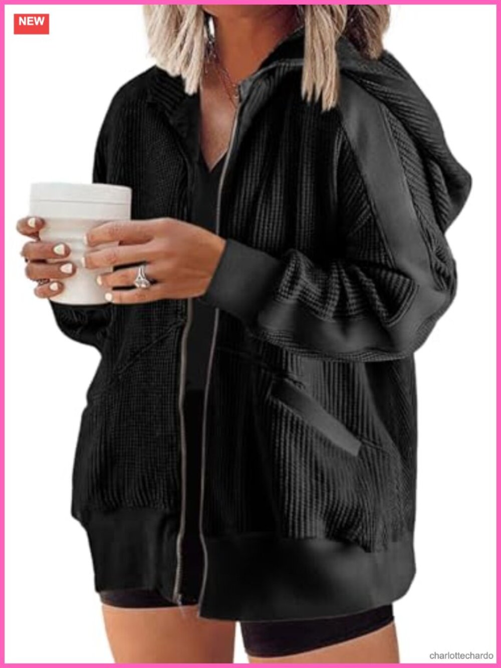 Plus Size Zip Up Hoodie Oversized Waffle Knit Sweatshirt Women